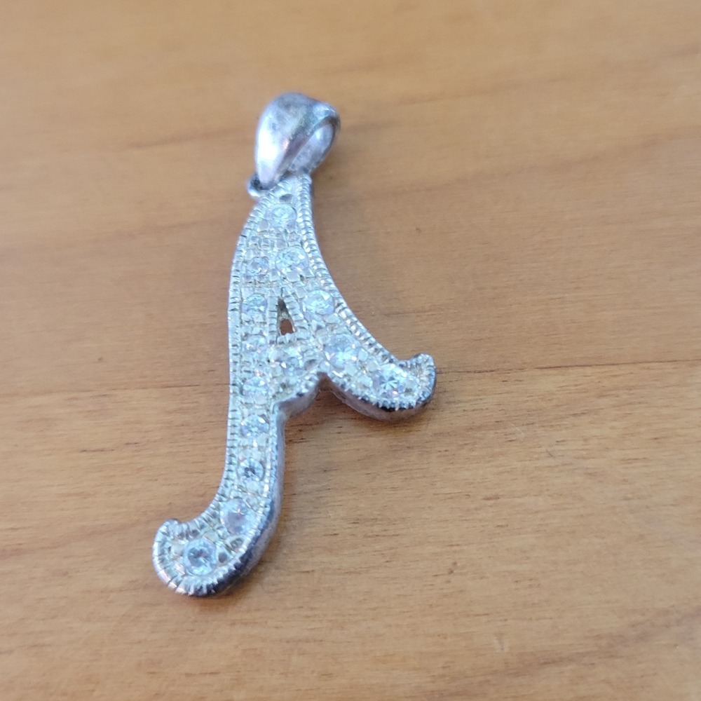 Vintage JG Signed Silver Plated Initial A Pendant Rhinestone Costume Jewelry